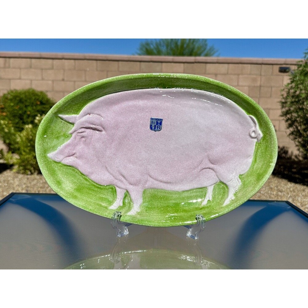 Lime Green Pink Pig Majolica Oval Serving Platter Made in Italy 9 3/8"w x 145/8"